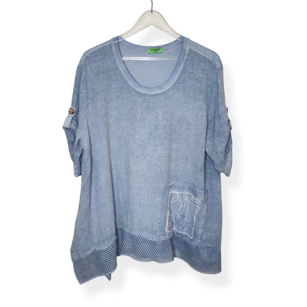 For Her Paris Women's Cotton Linen Blend Blue Short Sleeve Lagenlook Top Shirt
